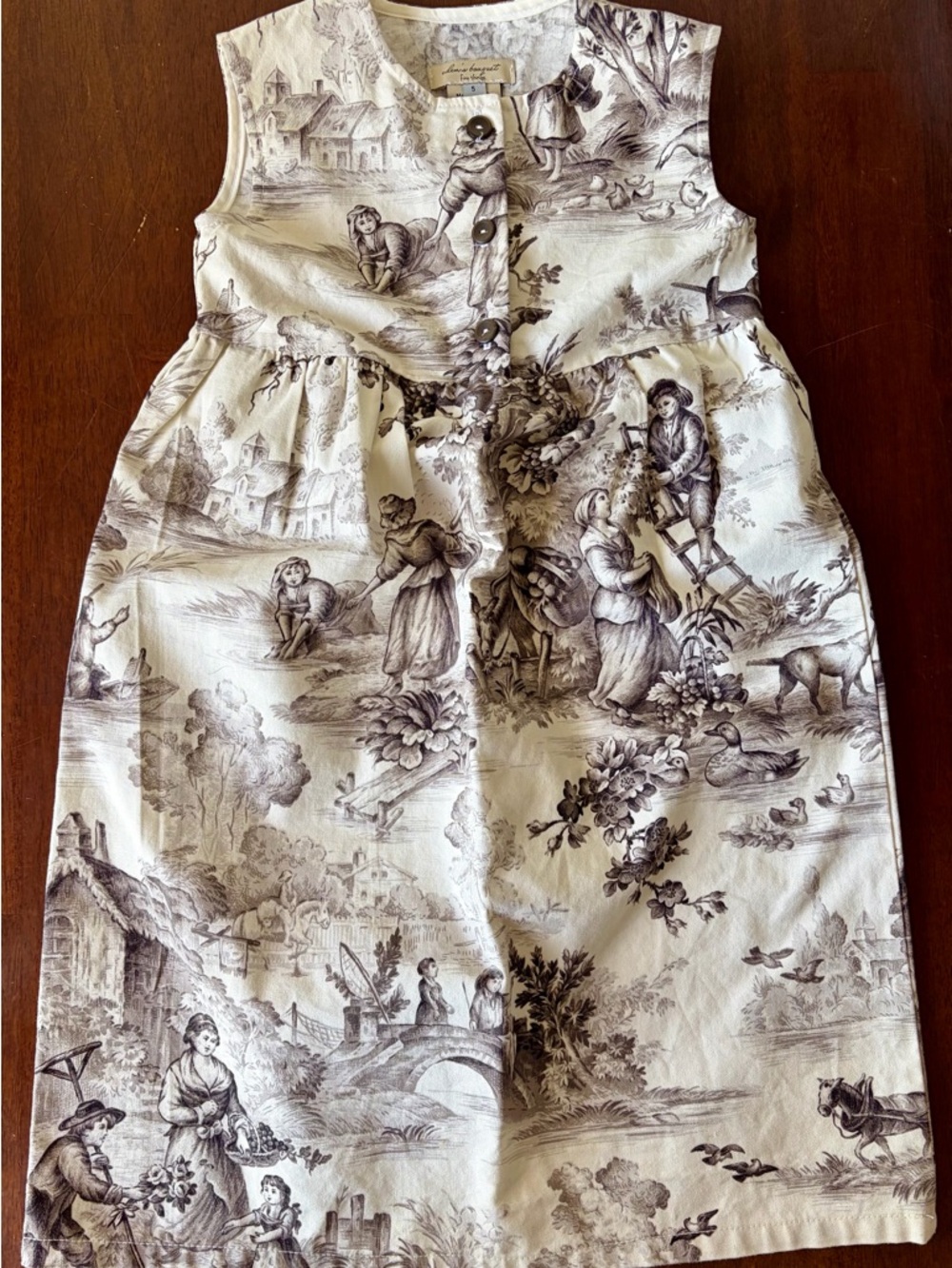 Classic Toile Print Sleeveless Kids Dress - Cream & Brown